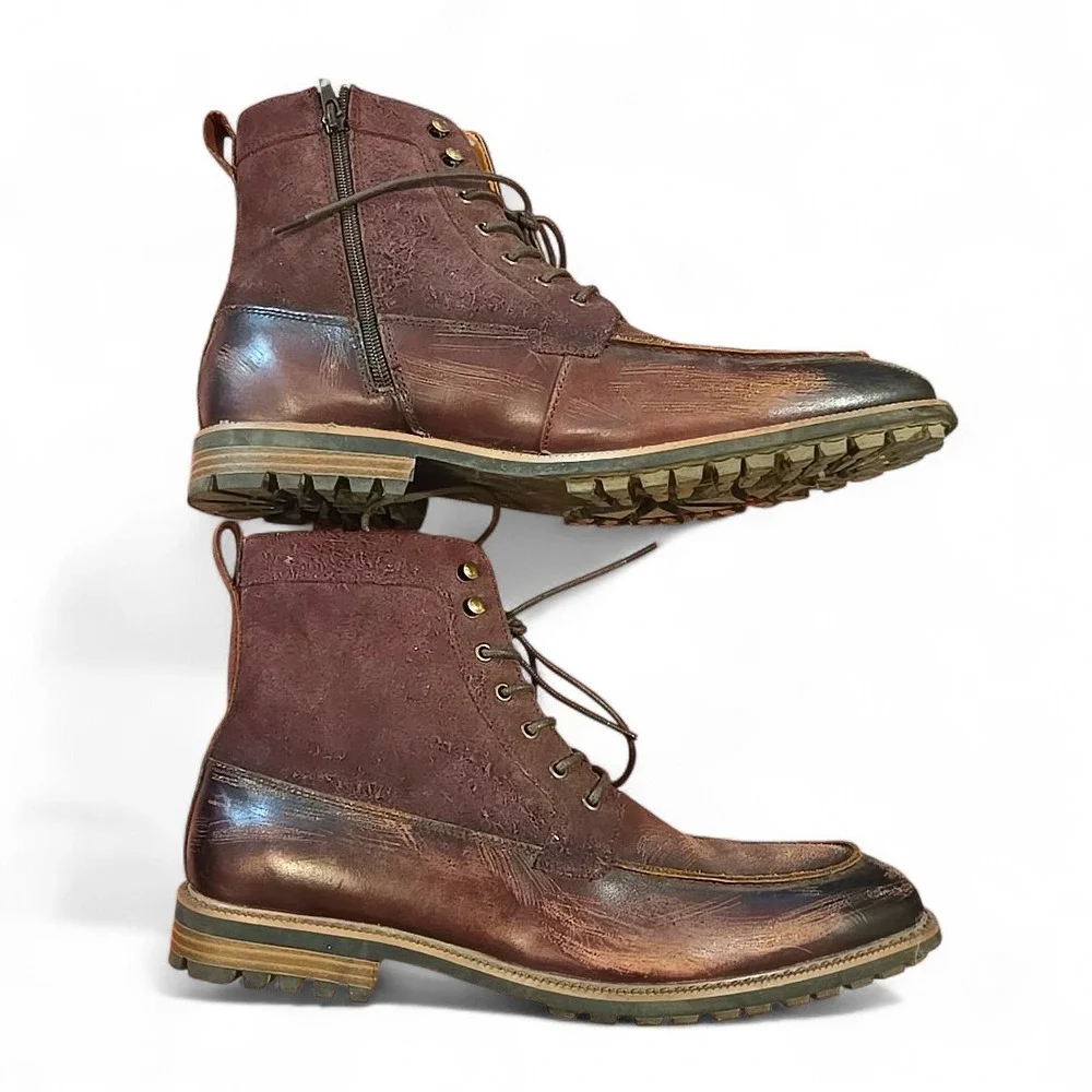 La Milano Jace II Leather Boots Men 12 Burgundy Distressed Side Zip Lug Sole EUC
